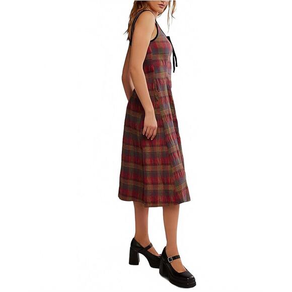 NEW FREE PEOPLE freya plaid midi dress in cherry combo - Picture 5 of 6